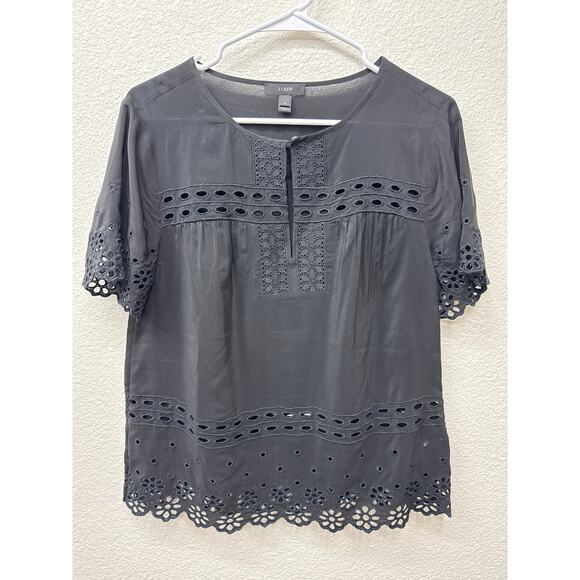 J Crew Blouse Women's Size 6 Black 100% Silk Embroidered Lasercut Shirt - Picture 1 of 5